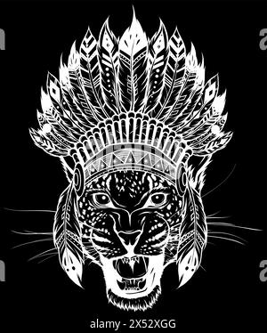 Weiße Silhouette von Kopf-Leoparden-Bohemian-Chic. Digital auf schwarzem Hintergrund Stock Vektor