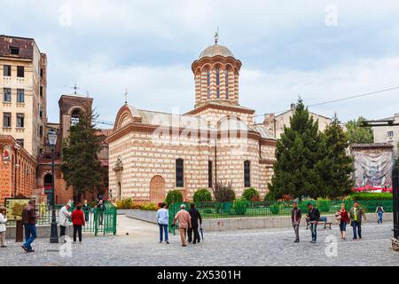 Die walachisch verputzte Fassade der Rumänisch-orthodoxen Curtea-Veche-Kirche, die älteste in Bukarest, der Hauptstadt Rumäniens, Mitteleuropa Stockfoto