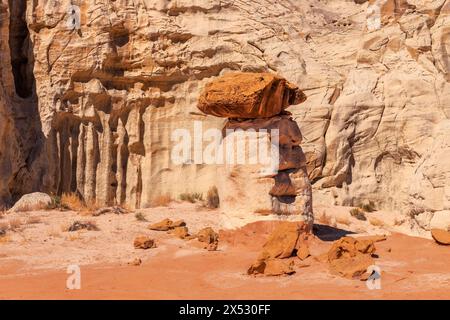 Weißer und roter Sandstein-Krötenhocker-Hoodoo in Kanab Utah mit stark erodierten Türmen und ausgewogenem, härterem Gestein auf der Spitze. Stockfoto