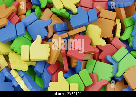 Viele bunte Daumen nach oben Symbole. 3D-Abbildung. Stockfoto