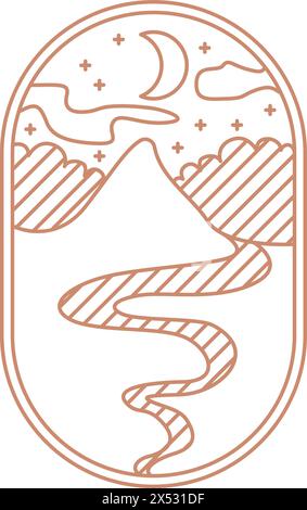 Naturbraunes Boho-Logo. Nachtberg, Fluss, Mond, ästhetische Ikone der Landschaft. Stock Vektor