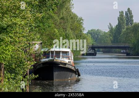 Boot, Bäume, Brücke, Veringkanal, Wilhelmsburg, Hamburg, Deutschland Stockfoto