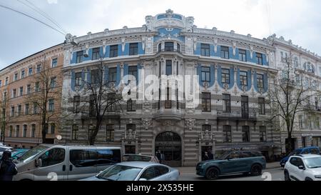 Jugendstilgebäude in der 10b Elizabeth Street (Elizisa iela), Haus entworfen von Mikhail Eisenstein, UNESCO-Weltkulturerbe, Riga, Lettland Stockfoto