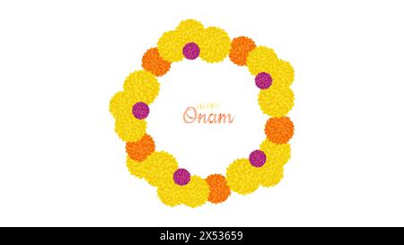 Onam Indian Festival Kerala State. Blumenkranz. Blumenmuster. Frohes Onam-Urlaub. Poster Banner Design. Vektorabbildung. Stock Vektor
