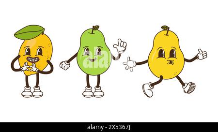 Obst und Beeren im groovigen Stil. Zitronenbirne und gelbe Birne. Charaktere trendiges Retro-Comic-Maskottchen. Bannerposter entwerfen. Y2K Hippie 70er, 80er Jahre Vektorabbildung. Stock Vektor
