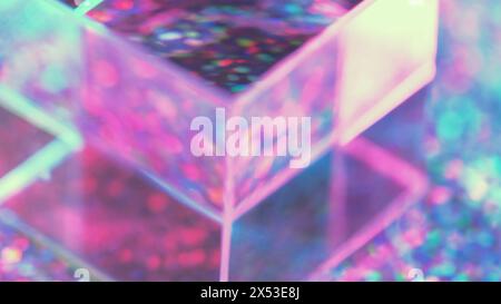 Verschwommenes Prisma. Bunte Lichter. Regenbogen Neon quadratisches Glas gefüllt rosa gelb grün blau Bokeh Strahlen abstrakte Kreise Bewegungshintergrund. Stockfoto