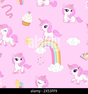 Nahtloses Muster mit Einhörnern, Donuts Regenbogen, Konfetti und anderen Elementen. Vektor-Hintergrund mit Aufklebern, Pins, Patches im Comic-Stil. Stock Vektor