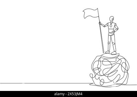 Durchgehende Einzeilenzeichnung eines Roboters der künstlichen Intelligenz, der auf einem riesigen, verworrenen Kreis steht und die Flagge hält. Programmieren Sie den Roboter so, dass er keine Gefühle hat Stock Vektor