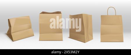Bastelt braune Papiertüten. Realistische Vektor-Illustration Set von Imbiss- und Lebensmitteleinkaufspaket mit und ohne Griffe. Leere Kraftpaketvorlage für Lebensmittel. Leerer Supermarkt-Paperbag. Stock Vektor