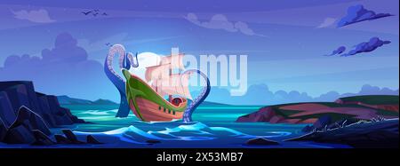 Segeln Sie mit dem Boot im Meer mit fantasievollen Kraken-Tentakeln in der Nacht. Monster-Krake stürzt ein Schiff im Ozean ab. Cartoon Mitternacht Abenddämmerung Vektor Illustration des großen Mythos Unterwasser Kreatur Angriff Segelboot. Stock Vektor