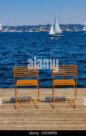 Segelboote vom Center for Wooden Boats am Lake Union, Seattle, Washington State, USA [keine Freigabe von Eigentum oder Modell; redaktionelle Lizenzierung onl Stockfoto