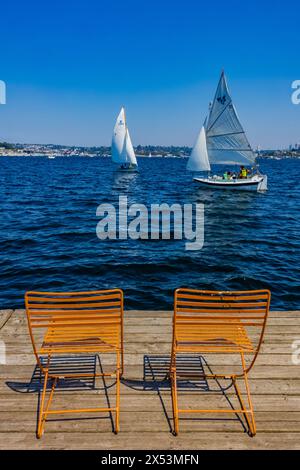 Segelboote vom Center for Wooden Boats am Lake Union, Seattle, Washington State, USA [keine Freigabe von Eigentum oder Modell; redaktionelle Lizenzierung onl Stockfoto