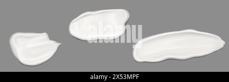 Creme-Farbmuster isoliert auf Hintergrund gesetzt. Vektor-realistische Illustration von kosmetischen Gesichtslotion Abstrich, flüssige cremige Substanz Schlag, weiße Farbe Probe verschmieren, Shampoo oder Conditioner Spritzen Stock Vektor