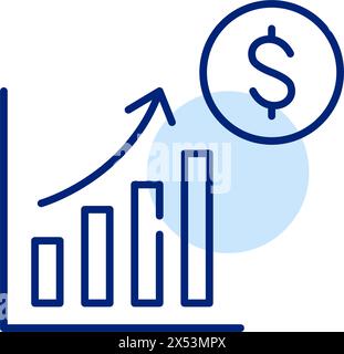 Vermögensakkumulation und Einkommenswachstum. Wachsender Chart mit Aufwärtstrend, Pfeil nach oben und Dollarsymbol. Symbol für perfekte Pixel Stock Vektor