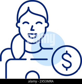 Frau am Laptop mit Dollarzeichen. Investitions- und Vermögensverwaltung. Symbol für Pixelperfekte, bearbeitbare Kontur Stock Vektor