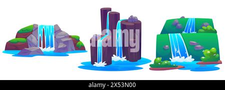 Set von felsigen Wasserfällen isoliert auf weißem Hintergrund. Vektor-Karikaturillustration des Flusses Wasser fließt hinunter Steinkaskade, grünes Gras und Blumen auf Hügel, tropischen Wald, Park Design Elemente Stock Vektor