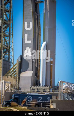 Cape Canaveral, USA. Mai 2024. Die Boeing Starliner CST-100-Rakete sitzt am 5. Mai 2024 in Cape Canaveral, Florida, vor dem Start der NASA mit Butch Wilmore und Suni Williams. (Foto: Alex G Perez/AGPfoto/SIPA USA) Credit: SIPA USA/Alamy Live News Stockfoto