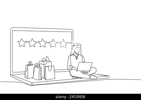 Eine Zeile zeichnet glücklicher arabischer Mann, der auf einem riesigen Laptop sitzt und auf einem Laptop tippt. Habe viel im Online-Shop gekauft. Bewerte 5 Sterne. E-Commerce Stock Vektor