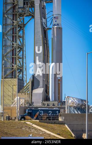 Cape Canaveral, USA. Mai 2024. Die Boeing Starliner CST-100-Rakete sitzt am 5. Mai 2024 in Cape Canaveral, Florida, vor dem Start der NASA mit Butch Wilmore und Suni Williams. (Foto: Alex G Perez/AGPfoto/SIPA USA) Credit: SIPA USA/Alamy Live News Stockfoto