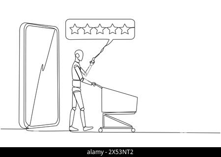 Der Roboter für das kontinuierliche Zeichnen einer Linie ging aus dem großen Smartphone, während er einen Einkaufswagen schiebte. Bewertung der 5 Sterne. E-Commerce. Prüfen, um auszuwählen Stock Vektor