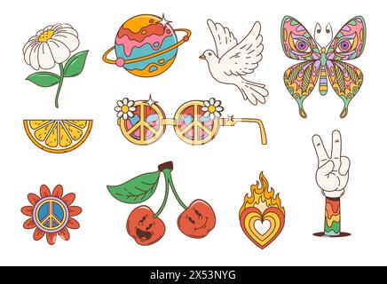 Cartoon-Retro-Hippie-Symbole. Vektor funky Blume, Regenbogenherz und Sonnenbrille mit Friedenssymbol. Vintage psychedelische Schmetterling, Gänseblümchen, Kirsch- und Zitronenfrüchte, Planet, Siegeshand-Geste Stock Vektor