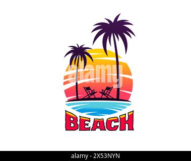 Tropisches Paradies Resort, Sommer Strand Ikone mit Palmen und Sonnenuntergang Himmel, Vektor Sommerurlaub, Reise und Tourismus. Tropischer Inselstrand mit blauen Meereswellen, Stühlen und Kokospalmen Stock Vektor