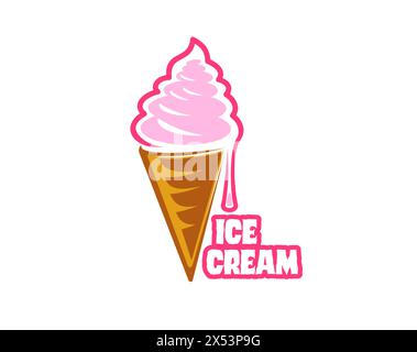 Eisdessert, Erdbeereis in Waffelkegel, Vektor-Emblem für Gelateria. Rosafarbenes Weicheis in Waffelform mit Beerensirup Tropfen fließen und Schriftzeichen für italienisches Eis oder Eis Stock Vektor