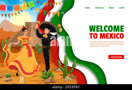 Mexiko Reise Landing Page mit Papierschnitt Design mit mexikanischer Flagge, Vektorvorlage. Willkommen auf der Zielseite von Mexiko mit aztekischer Pyramide und Mariachi-Musiker in Sombrero für Reise- und Tourismus-Website Stock Vektor