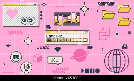 Y2K-Banner, Vektor-Computer-pc-Desktop mit Schnittstellenfenstern, Ordnern, Symbolen und Ladeleiste. Rosafarbener Hintergrund im Retro-Stil der 2000er Jahre, ästhetisches Emoji, Sprechblasen, Sterne und Planeten auf dem Bildschirm Stock Vektor