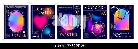 Ästhetische Y2K-Plakate mit Farbverlauf und moderne abstrakte Hintergründe, Vorlagen für Vektor-Cover. Poster mit Farbverläufen in Neonfarben mit Y2K-Ästhetik und einfachen minimalen Linien im Hintergrund Stock Vektor
