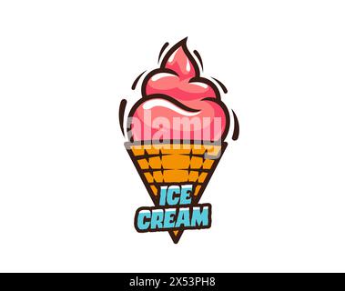 Eis in Waffelkegel Symbol für Eis Dessert oder Gelateria Zeichen, Linie Vektor. Rosafarbenes rotes weiches Eis in Waffelkegel, italienisches Eis mit Erdbeergeschmack für das Café-Menü Stock Vektor