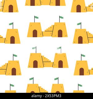 Sommer Sandburg Muster. Flaches, nahtloses Muster. Einfache Sandburg. Cartoon-Design. Illustration des flachen Vektors. Stock Vektor