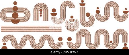 Geometrische Linien Zen-Muster. Abstrakte Bögen und Formen. Gleichgewichtszahlen mit linearen Umrisslinien. Nordische minimale organische Zeichnungen und Stock Vektor