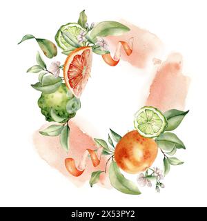 Reife Zitrusfrüchte und Jasminblüten, isolierter Rahmen mit Aquarellflecken. Handgezeichnete Bergamotte, Baumblätter und weiße Blüten in botanischem sket Stockfoto