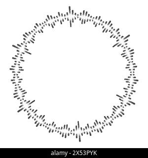 Schallwellenmuster. Frequenz der gepunkteten Musik. Halbtongrunge-Rahmen. Digitaler kreisförmiger Equalizer. Vektordarstellung isoliert auf weißem Hintergrund Stock Vektor