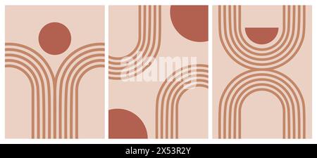 Abstrakte geometrische Formen der Boho-Linienkunst. Moderner grafischer Hintergrund mit minimalem Bogen und Kreisen. Einfache, organisch strukturierte Illustration. Retro-Zen Stock Vektor