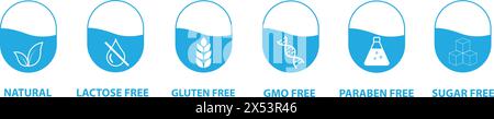 Set von Symbolen glutenfrei, GVO-frei, Zucker-, Paraben- und laktosefrei. Etiketten für Produktverpackungen. Stock Vektor