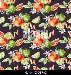 Jasmin Blumen mit Zitrusfrüchten Grapefruit und Bergamotte Aquarell nahtlose Muster isoliert. Handgezeichnete Sommerpflanzen orange und grüne Farben in b Stockfoto