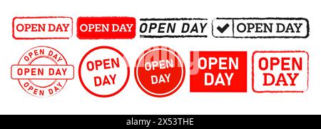 Offenes Rechteck- und Kreisaufkleberschild für den Tag für geschäftliche Informationen Stock Vektor