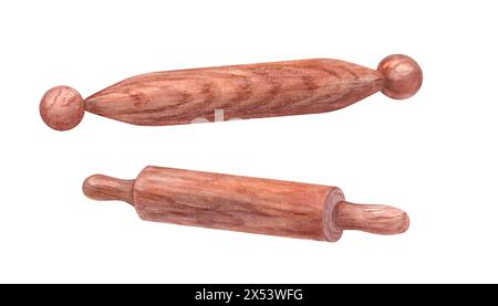 Küchenrollstift. Holzutensilien Clipart für Bäckerei. Holzstruktur. Küchenutensilien zum Ausrollen von Teig. Aquarellillustration von Kochwerkzeugen. Stockfoto