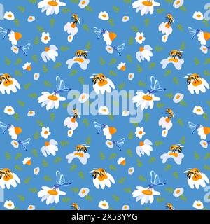Sommer Hintergrund Gänseblümchen Biene hellblaues nahtloses Muster Frühling weiße Wiese Blume üppiges Laub Ornament Verpackung Stoff Tapete Textilmosaik Stock Vektor