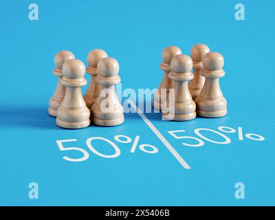 Gruppe von Personen, die gleichmäßig durch eine Linie getrennt sind. 50 Prozent von 100. Gleichheit in Zahlen. Umfragen und Testergebnisse. Sozialforschung oder Marktsegmentatio Stockfoto
