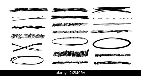 Unterstreicht Hervorhebung Pinselstrich festlegen, Markierungslinien Grundierkurve, wellige Markierungen strukturierte einfache Ränder, isoliert auf weißem Hintergrund. Creative Collection mit Kritzelpinsel- oder Buntstift-Karos. Vektorabbildung Stock Vektor