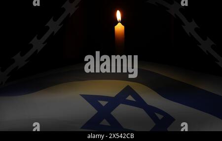 Holocaust-Gedenktag, Bannerdesign. Flagge israels, brennende Kerze und Stacheldraht Stockfoto