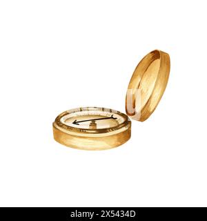 Wasserfarben alter Metall-Navigationskompass mit Deckel, Vintage-brauner Kompass, Marineausrüstung, Kapitän, Seemann und Reisende Werkzeug isoliert auf weißem Hintergrund Stockfoto