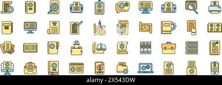 Symbole für technische Dokumente legen den Konturvektor fest. Bauanleitung. Planen Sie Papier mit dünner Linie flach auf weiß Stock Vektor