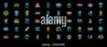 Icons für Lebensmittel zum Mitnehmen legen des Konturvektors. Kaffeekocher. Cafe Food Neonfarbe auf Schwarz Stock Vektor
