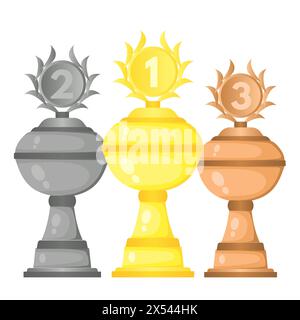 Set von Vektor Trophäen Champion Cups in Gold, Silber und Bronze. Meisterschaftspreise für den ersten, zweiten und dritten Platz. Siegessymbole isoliert auf Witz Stock Vektor
