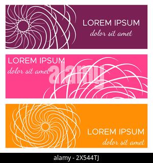 Satz abstrakter horizontaler Header-Banner mit geometrischen kreisförmigen Elementen und Textplatzierung. Farbenfrohe Hintergründe für Webdesign. Vektorillustratio Stock Vektor
