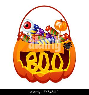 Halloween Kürbiskübel mit Süßigkeiten. Kürbisbeutel mit Lutscher, Süßigkeiten, Süßigkeiten. Trick or Treat Basket mit Text BOO Stock Vektor